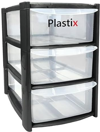 Plastix MINI SMALL Plastic Drawer Storage Tower Unit Office Home Desktop Stationery Make Up Organiser Tidy (Black, 3 Drawer Mini Tower)