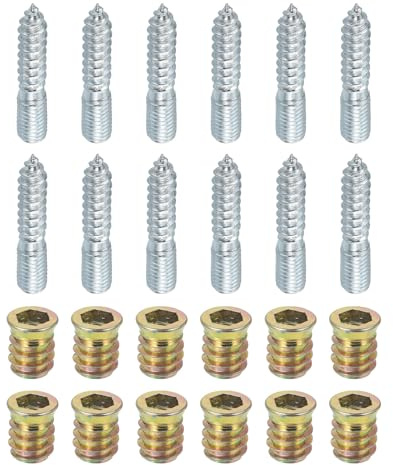 uxcell M10x50mm Hanger Bolts, 12pcs 30mm Wood Dowel Screw Self-Tapping Screw with 12pcs M10x20mm Threaded Insert Nuts Interface Hex Socket Drive, for Joint Furniture Legs