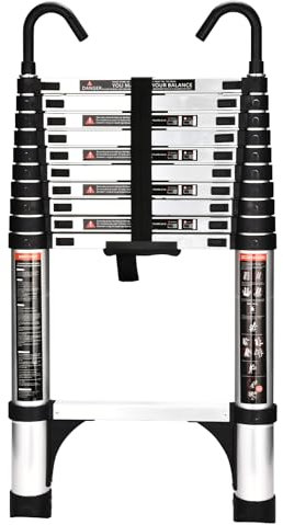 HBTower Telescopic Ladder with Non-Slip Feet and Hooks, 3.8M/12.5FT Thickened High-Strength Aluminum Extendable ladders, Adjustable Height Collapsible Ladder for Caravans lofts, Indoors and Out,Silver