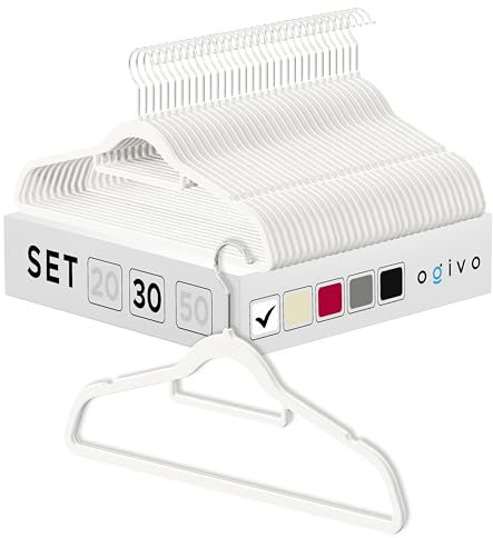 OGIVO Samt Kleiderbügel - 30er Set - rutschfest Bügel für Ihren Garderobe - kleine Stange für Krawatten - Haken um 360° drehbar - Einkerbungen im Schulterbereich - Hangers Clothes (Weiß)