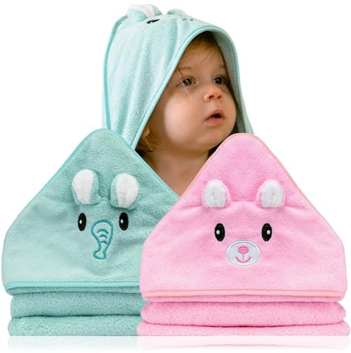 BABYBRIDGE Due asciugamano neonato - Accappatoio neonato 0-3 mesi - Regalo neonata - Neonata femmina - Asciugamani neonato con cappuccio a forma di animale