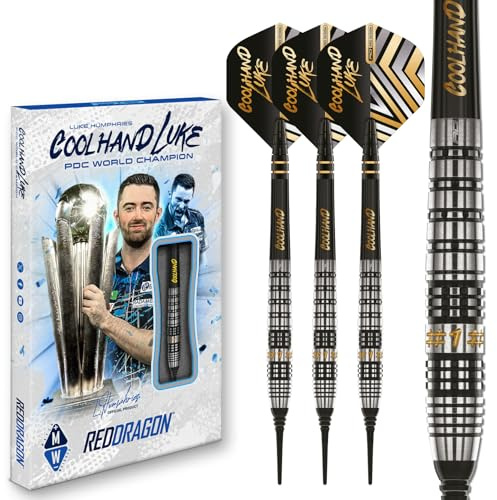 RED DRAGON Darts – Jugadora Professional - Luke Humphries Coolhand Prestige - 90% Tungsteno - 18g Barril / 20g Peso Completo Punta Suave Juego de Dardos con Plumas y Varillas