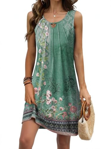 ROFUSSO Robe D'été pour Femmes Robe Bohème sans Manches Mini Robe de Plage à Motifs Floraux Robe D'été Décontractée à Bretelles Spaghetti