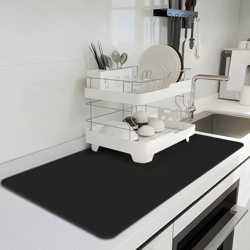 BLESWIN Tappetino Scolapiatti 40 x 60 CM, Tappetino Sotto Macchina Caffe con Retro in Gomma per Asciugare i Piatti, Tappetino Assorbente per Asciugare i Piatti per il Bancone della Cucina, Nero