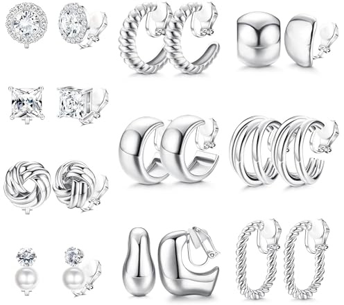 Morfetto 10 Paia Orecchini Clip Donna Ipoallergenici Acciaio Chirurgico 316L Placcato Argento,Orecchini a Clip Senza Buco con Perle e Zirconia Cubica,Ideali per Sposa e Occasioni Speciali