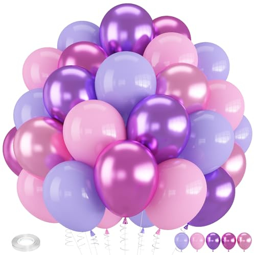 Froova Pink and Purple Balloons, 60 PCS 12 Inch Metallic Purple and Pink Latex Balloons for Girls Princess Birthday Baby Shower Wedding Party Decorations