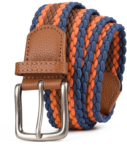 S-MAN Elastiska golfbälten för män 3,5 cm breda färgglada stretchvävda flätade midjebälte, Marinblå kaffe orange, L-Fit Waist 40-44(Length 125cm)