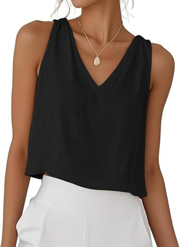 PADOLA Débardeur Femme Lin Chic et Élégant Col V Debardeur Court Été Uni Top sans Manche Coton Basique Tee Shirt Grande Taille Lâche Haut Fluide Débardeurs Ample Caraco (1 Noir, S)