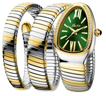 DAXIAOYU Fashion Women's Quartz Watch Serpentine Inlaid Diamond Golden Ladies Watches Light Luxury Bracelet Clock (SilverGold-Green)