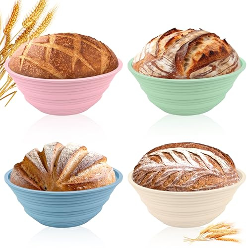 4Pcs Silicone Banneton Bread Proofing Baskets, 9 Round Foldable Non-Stick Dough Proofing Bowl Containers-BPA Free, Optimum Sourdough Bread Baking Supplies
