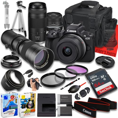 Canon EOS R50 Mirrorless Camera with RF-S 18-45mm f/4.5-6.3 is STM and RF 75-300mm f/4-5.6 & 420-800mm f/8 Lens + 64 GB Memory + Extra Battery + Camera Case + More (24pc Bundle) (Renewed)