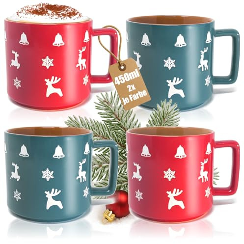 com-four® 4x tazze XL natalizie in porcellana – tazze da 450 ml con motivi invernali – set bicolore in verde e rosso (4x motivi natalizi - 450 ml)