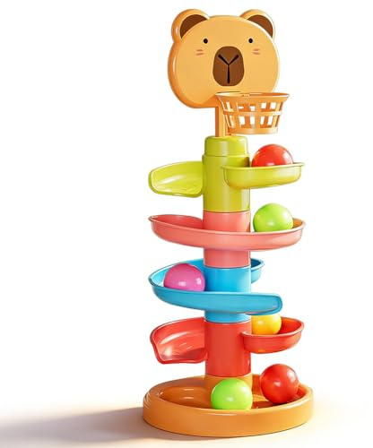 HATFRYF Ball Tower Toy, Ramp Balls Drop Toy, 5 Stack Ball Track with 6 Balls, Colorful Rolling Tower, Montessori Toys for Toddler, Funny Puzzle Game, Sensory Educational Toys for 3+ Year Old
