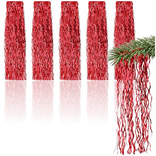 com-four® 5X Lametta - Rote Girlande für Weihnachten - Christbaumschmuck für den Tannenbaum - Vorhang mit Welligen Fäden (Rot - 5 Stück)