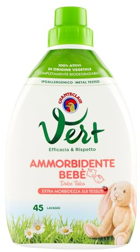Vert di Chanteclair - Ammorbidente Bebè Dolce Talco - Ipoallergenico, Metal tested, 100% Attivi di Origine Vegetale, Extra Morbidezza sui Tessuti, 45 Lavaggi - 900 ml