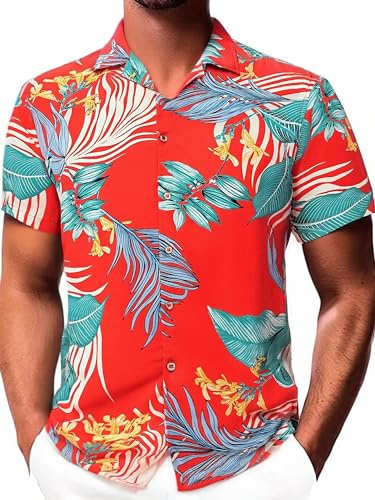 Damipow Hawaiian Shirts for Men Short Sleeve Aloha Beach Shirt Floral Summer Casual Button Down Shirts,Orange49690,4,M