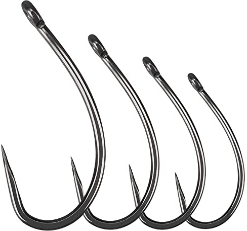 Luroad 50 Ganci da Pesca Senza Ardiglione, Misura 2, 4, 6, 8, 10, Disponibili in Teflon con Gambo Curvo e Gancio Largo per Acqua Dolce Salata (Misura 4, Gambo Curvo)