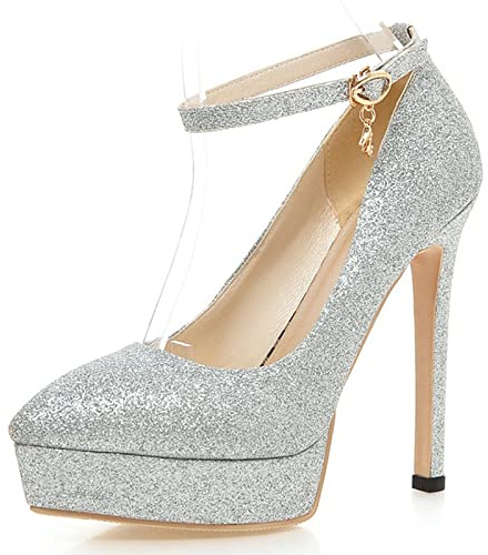 Lizoleor Donna con Cinturino alla Caviglia Sposa Vestito Serata Tacco A Spillo Pump Appuntito Formal Tacco Alto Plateau Prom Scarpe Argento Numero 33 EU