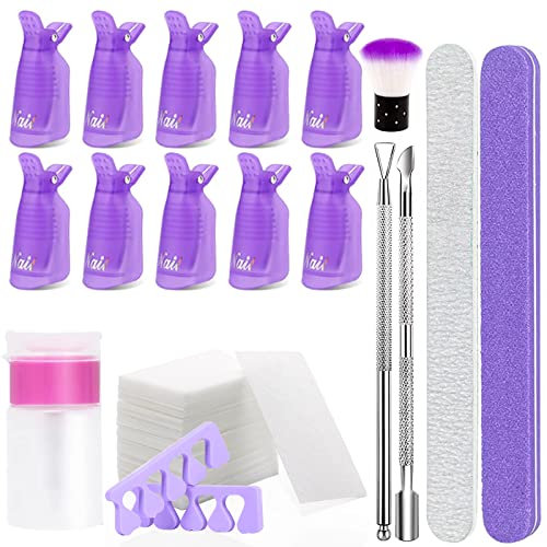 Kit de herramientas para quitar,10pcs Clip Uñas de Plastico,Lima de Uñas,Raspador,Empujador de Cutículas,Cepillo para Uñas,separadores de dedos,100 Removedor Almohadillas,Botella Dispensadora violeta