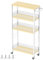 YBING Slim 4 Tier Kitchen Storage Trolley White Narrow Laundry Trolley on Wheels and Wooden Shelf Mobile Bathroom Storage Rack Small Space 18.5cm Wide