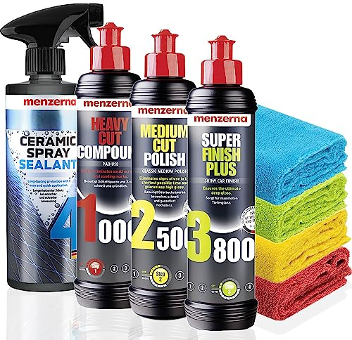 Menzerna Juego de pulido para coches: Menzerna Heavy Cut Compound 1000 + Medium Cut Polish 2500 + Super Finish Plus 3800, 250 ml + Protección Ceramic Spray Sealant Protection 0,5 L + 4 x paño de