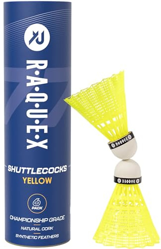 Raquex Badminton Shuttlecocks - Yellow/White, Tube of 6 - All Natural Cork Shuttlecocks, Nylon Feathers - Three Speed Options – Indoor Outdoor Durable Badminton Shuttles (77, Yellow)