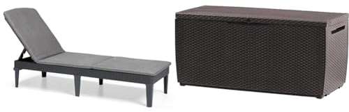 Keter Jaipur-Tumbona de Jardín Plegable, para Exterior Ideal terrazas, Patios, Jardines, con cojín Incluido, Color Gris & Capri - Arcón Exterior, Baúl almacenaje, Capacidad 305L, Resina, Color marrón