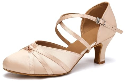 VCIXXVCE Women's Latin Ballroom Dance Shoes Nude Closed Toe Salsa Waltz Tango Performance Dancing Practice Shoes, 8 US