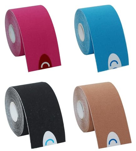 Neoreser 4 Rotoli Tape Sportivo, Tape Sportivo Impermeabile ed Elastico, Ideale per Gambe, Braccia, Collo, Ginocchia, Taping Kinesiologico e Neuromuscolare(5cm x 5m, 4 Colori)
