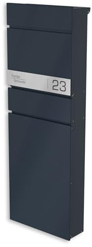 Graviers Standbriefkasten freistehend Anthrazit RAL 7016 mit Zeitungsfach – personalisiertes Edelstahl Namensschild, wetterfest, Briefkasten