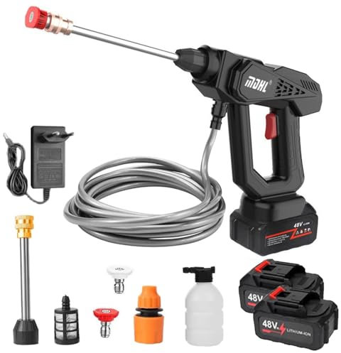 Hidrolimpiadora de Batería 21V 35Bar, Hidrolimpiadora de Alta Presion con Bateríe de 5600 mAh, Manguera de 5M, Boquilla 6 en 1, Jarra de Espuma, para Limpiar Coches, Suelos (con 2 Batería, Negro)