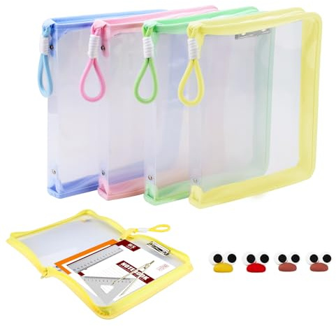 Lot de 4 dossiers colorés transparents imperméables en plastique format A4 avec fermeture éclair, corde en silicone et accents de dessin animé, sacs polyvalents pour documents, lettres, livres et
