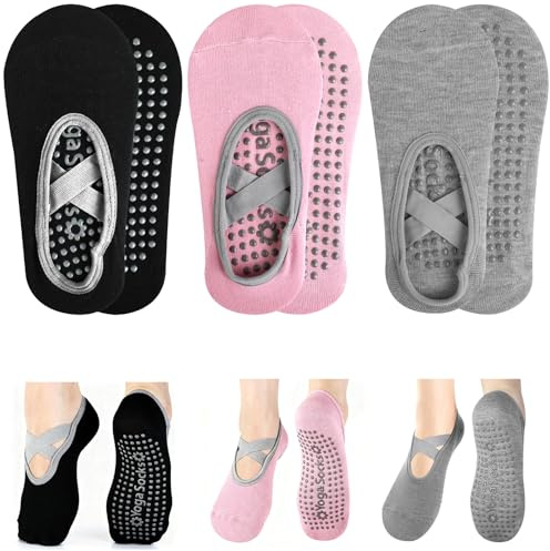 3 Paires Chaussettes Antidérapantes Femme avec Silicone – Chaussettes Pilates Femme (Noir, Gris, Rose), Design Antidérapant Idéal pour Yoga, Reformer, Danse et Fitness