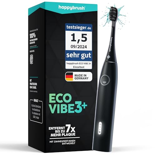 happybrush® Schallzahnbürste Eco Vibe 3+ – TESTSIEGER – 100 Tage testen - Elektrische Zahnbürste mit 8 Wochen Power Akku – Ultraschall Zahnbürsten – 2 Jahre Garantie - Black