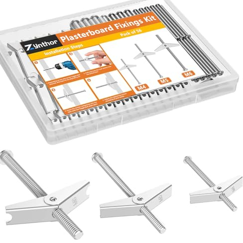 Zynthor 56Pcs Plasterboard Fixings Assortment Kit (M4/M5/M6), 28Pcs Plasterboard Screws and 28Pcs Spring Toggle Set, Heavy Duty Hollow Wall Anchors with Screws for Plasterboard