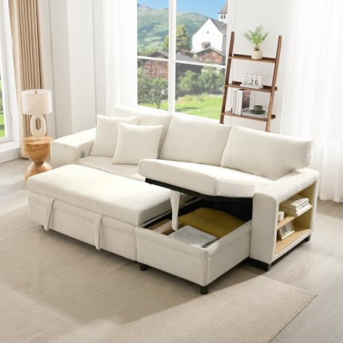 Sapgaks Canapé d'angle Convertible en L avec Port de Chargement USB et oreillers,Canapé lit,canapé Convertible 3 Places avec étagères latérales et Espace de Rangement,Velours côtelé (I-Beige)