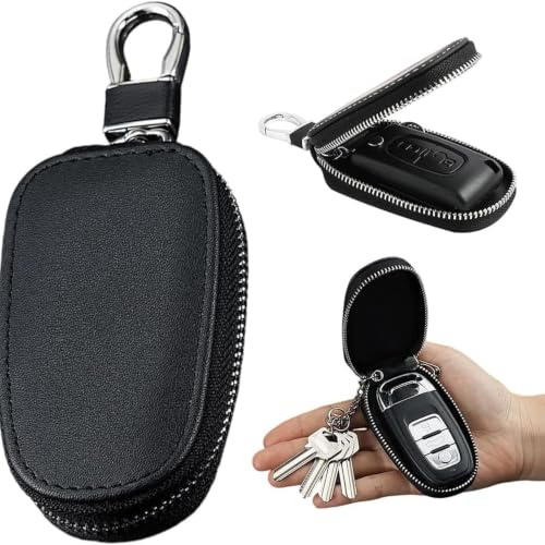 KAHZOR 1 Pièce Étui Porte-Clés en Cuir PU Noir, Porte Clef Voiture Homme Femme, Porte-Clés avec Crochet Métallique, Protection et Organisation, pour Clés de Voiture, Maison et Moto