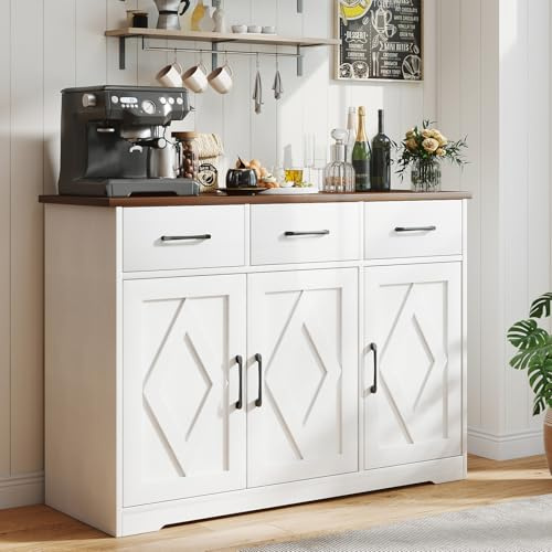 AraSyleon Modern Farmhouse Sideboard, White Wooden Buffet Cabinet with 3 Drawers & Adjustable Shelves for Kitchen, Living Room, Entryway, Coffee Bar
