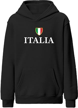 Italia Flag and Name Hoodie Kids & Adult Football Hoodie - Italy Rugby Unisex National Flag Shield Design Black S Italia