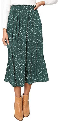 Exlura Womens High Waist Polka Dot Pleated Skirt Midi Swing Skirt with Pockets Green Medium
