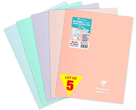 Clairefontaine 981481AMZC CONFEZIONE DA 5 QUADERNI a punto metallico Koverbook Blush - 24x32 cm - 96 pagine a quadretti grandi - Carta bianca 90g - copertina in polipropilene opacocolori casuali