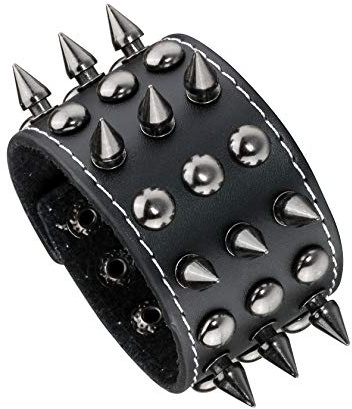 MILAKOO Pulsera unisex de cuero ajustable con tachuelas de metal negro punk rock, motero, correa ancha, 8 5 inch, Cuero