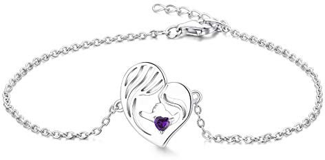 YL Mutter und Tochter Armband 925 Sterling Silber Schnitt Februar Geburtsstein Amethyst Herz Armband für Mama Damen