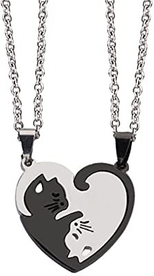 Oneroomone 2 Stück Katze Anhänger Paare Halskette, Schwarz Silber Paare Halskette, Puzzle Anhänger Halskette, Bestes Geschenk für Sie und Ihren Liebhaber