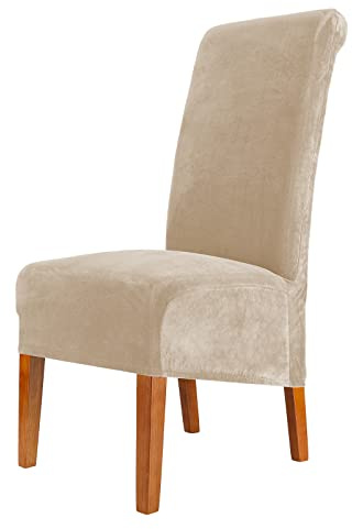 CMAKER Velvet Dining Chair Covers, Stretch Large Chair Slipcover, Spandex High Back Chairs Cover Elastic Washable Removable XL Chair Protector,Set of 2,Beige