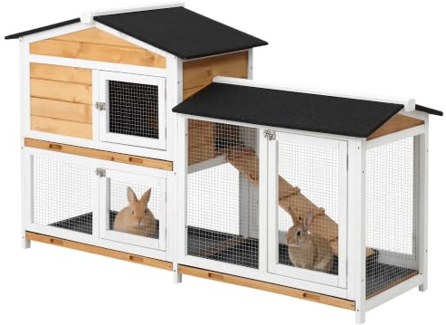 PawHut Rabbit Hutch Guinea Pig Hutch 157.4 x 53 x 93.5cm Yellow