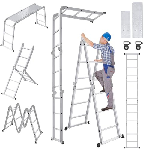 VA-Cerulean Escalera multiusos de 3,4 m, 4 x 3, aluminio, con placas de andamio, escalera plegable, escalera antideslizante, capacidad de carga máxima de 150 kg, color plateado