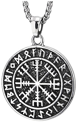 Vichingo Ciondolo Collana, Bussola Runica Norrena Nordica Cerchio Medaglia, Rune Futhark Uomo Acciaio, Catena Grano 75CM