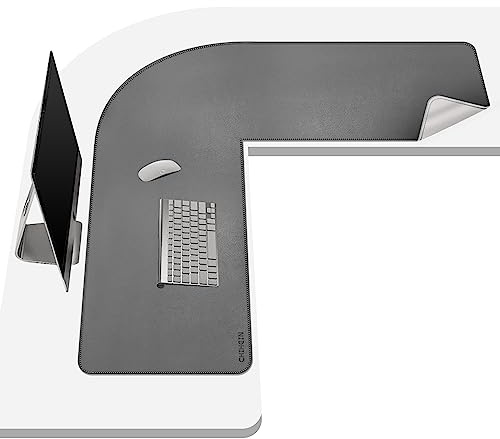 Chihein L-Shaped PU Leather Desk Pad (105+105) x33CM (Gray/White), Reversible Gaming Corner Desk Mat, Computer Office Mouse Pad for Home Office