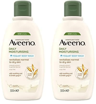 Aveeno Daily Moisturising Yogurt Body Wash Shower Gel 300 ml with Prebiotic Oat and Probiotic Greek Yogurt for Normal to Dry Sensitive Skin